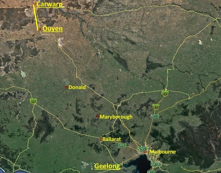 Figure 1: The location of the derailment at Ouyen between Carwarp and Geelong