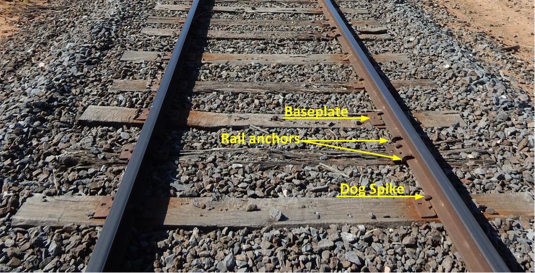 Figure 6: Undisturbed track on the Carwap side of the derailment site, showing intermittent higher quality sleepers and typical ballast condition. Rail was affixed with dog-spikes with intermittent use of box anchoring to reduce rail creep.