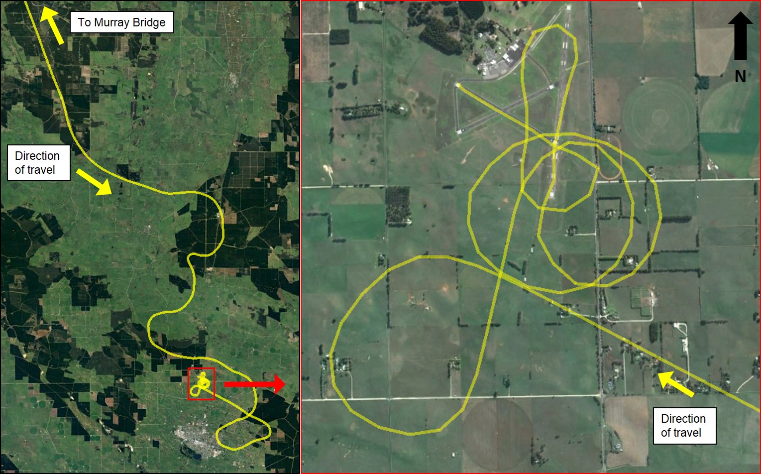 Figure 1: Approach path of VH-YTM showing the initial deviations from the direct flight path on the left, and the series of low level turns prior to landing on runway 29 on the right