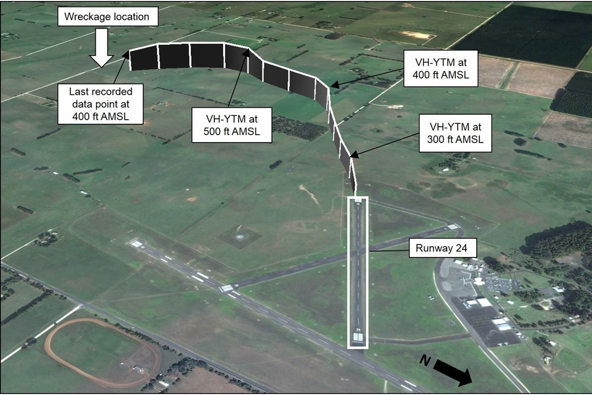 Figure 2: Flight path of VH-YTM after departing runway 24 at Mount Gambier Airport, where each vertical line represents 5 seconds, and an indication of the wreckage location