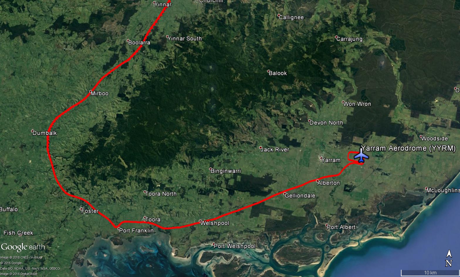 Figure 2: Google earth image overlayed with the aircraft’s actual flight route on the leg from Latrobe Valley to Yarram downloaded from the recovered hand held GPS unit bypassing Fish Creek – a required navigation point for the solo navigation exercise.