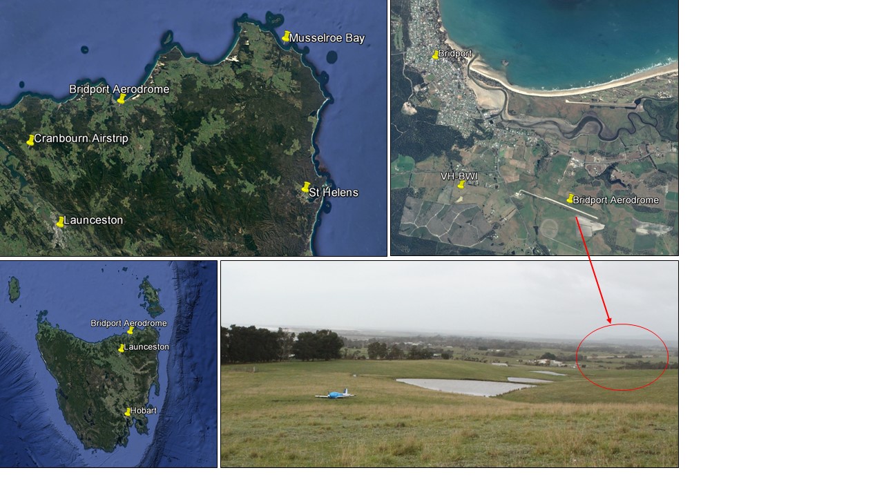 Figure 2: Google Earth map showing Bridport Aerodrome location and other locations mentioned in the report. VH-BWI forced landing location, about 1.5 km west of Bridport Aerodrome.