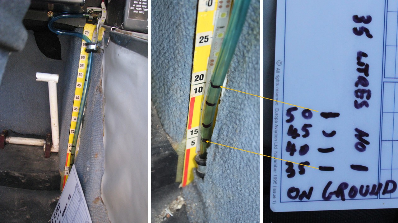 Figure A3: Fuel quantity scale located behind the fuel sight gauge. Four black marks correspond with the Pilot Check Card marks and figures that were developed following pilot B’s fuel calibration.