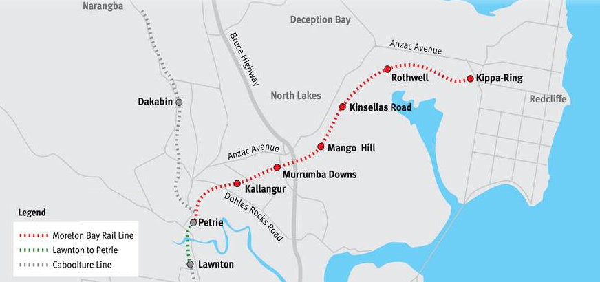 Figure 1: Moreton Bay Region, showing rail lines from Brisbane through Lawnton, the Caboolture line continuing after Dakabin towards Narangba, and the new Moreton Bay rail corridor from Petrie to Kippa-Ring (depicted in red).