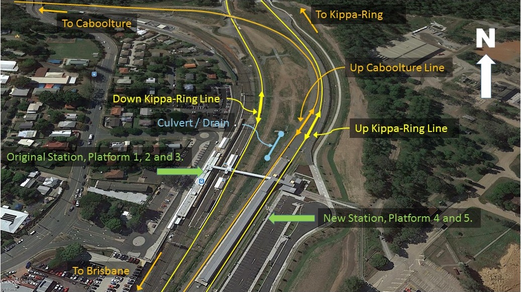 Figure 2: Layout of the Petrie Railway Station showing platform numbers (depicted in green), location of the Culvert/Drain (depicted in blue), Up Caboolture line feeding platform 4 and Up Kippa-Ring line feeding platform 5 (depicted in yellow).