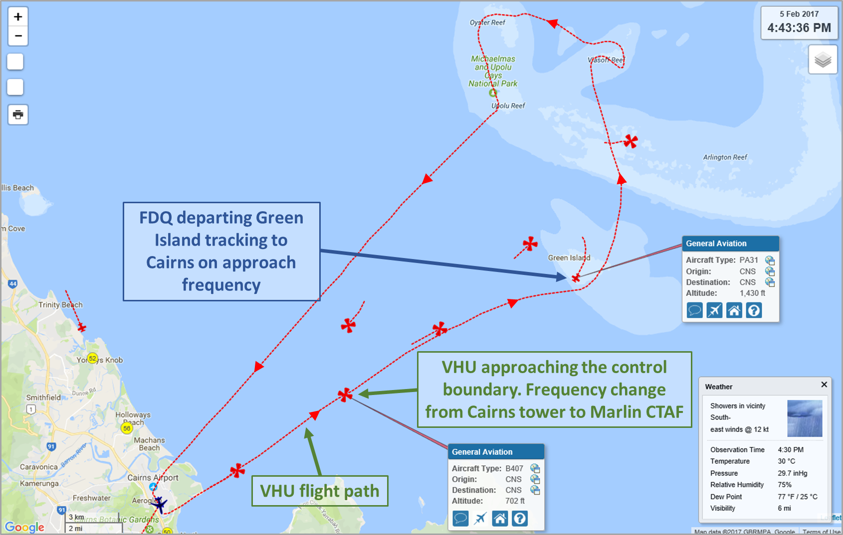 Figure 2: Location of VHU when changed to the Marlin CTAF and approximate location of FDQ when commenced tracking direct to Cairns