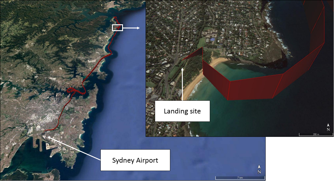 Figure 1: VH-ONE flight path in red (left) and landing site (right)