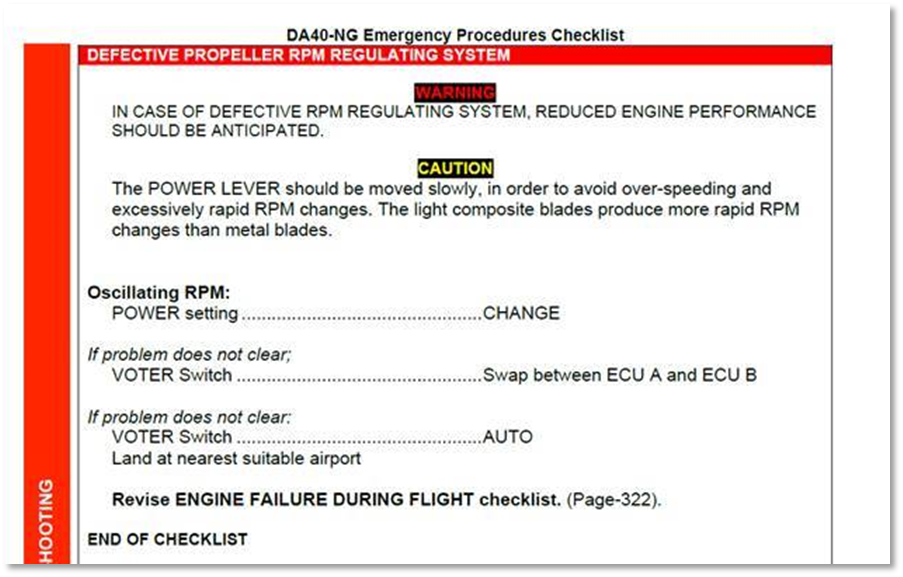 Figure 3: Operator’s procedure for a defective propeller RPM regulating system