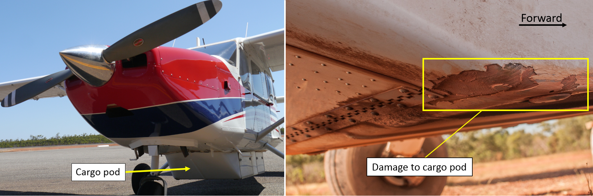 Figure 2: VH-MQI showing the cargo pod fitted to the aircraft (left) and damage sustained during the incident (right).