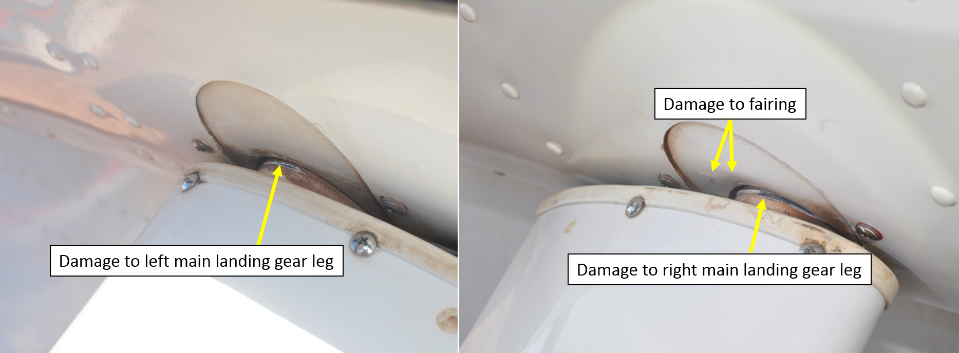 Figure 3: Damage to left main landing gear leg (left), and damage to the right main landing gear leg and fairing (right).