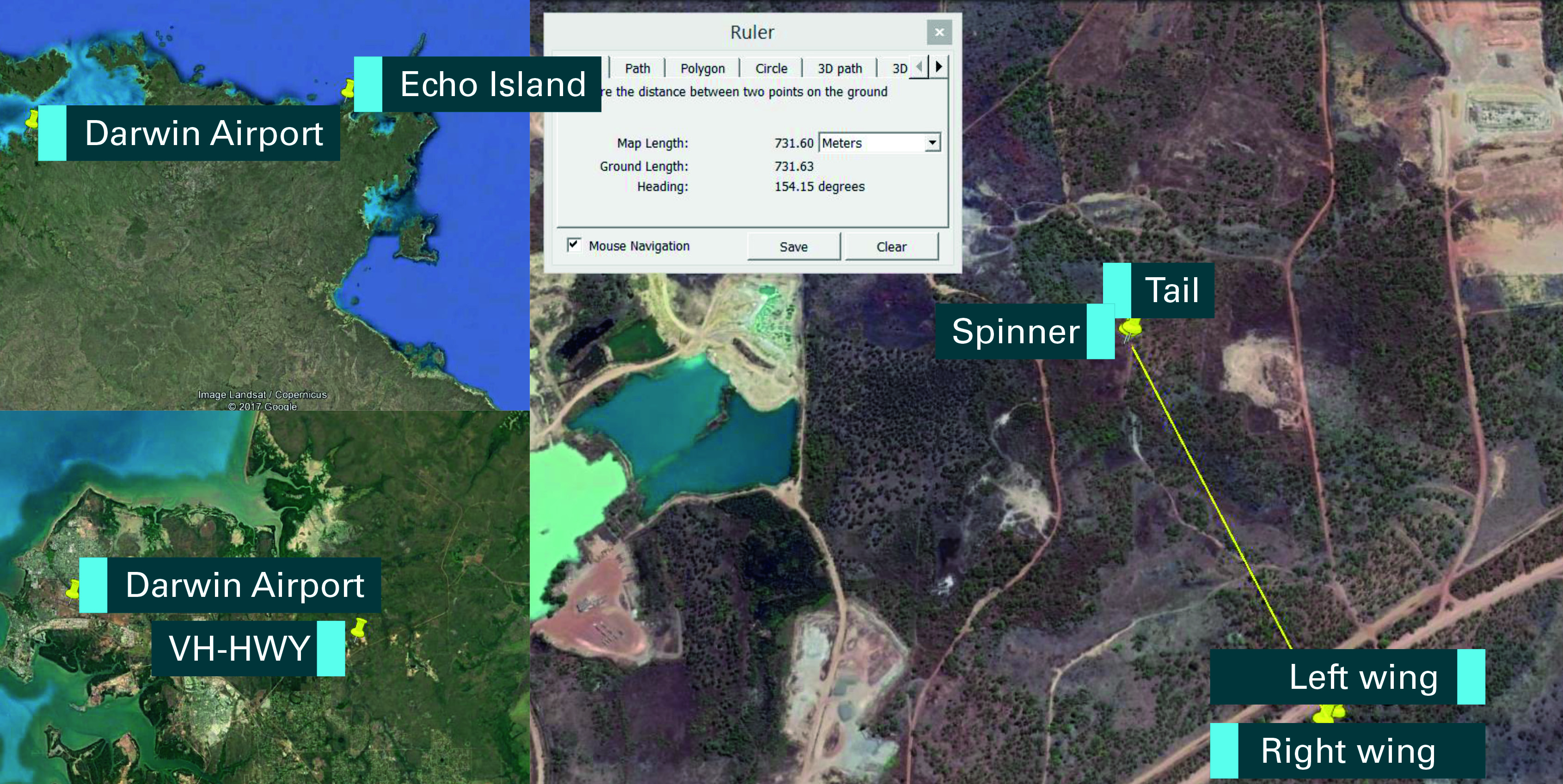 Figure 4: Google Earth images showing accident site and location of fuselage and wings.