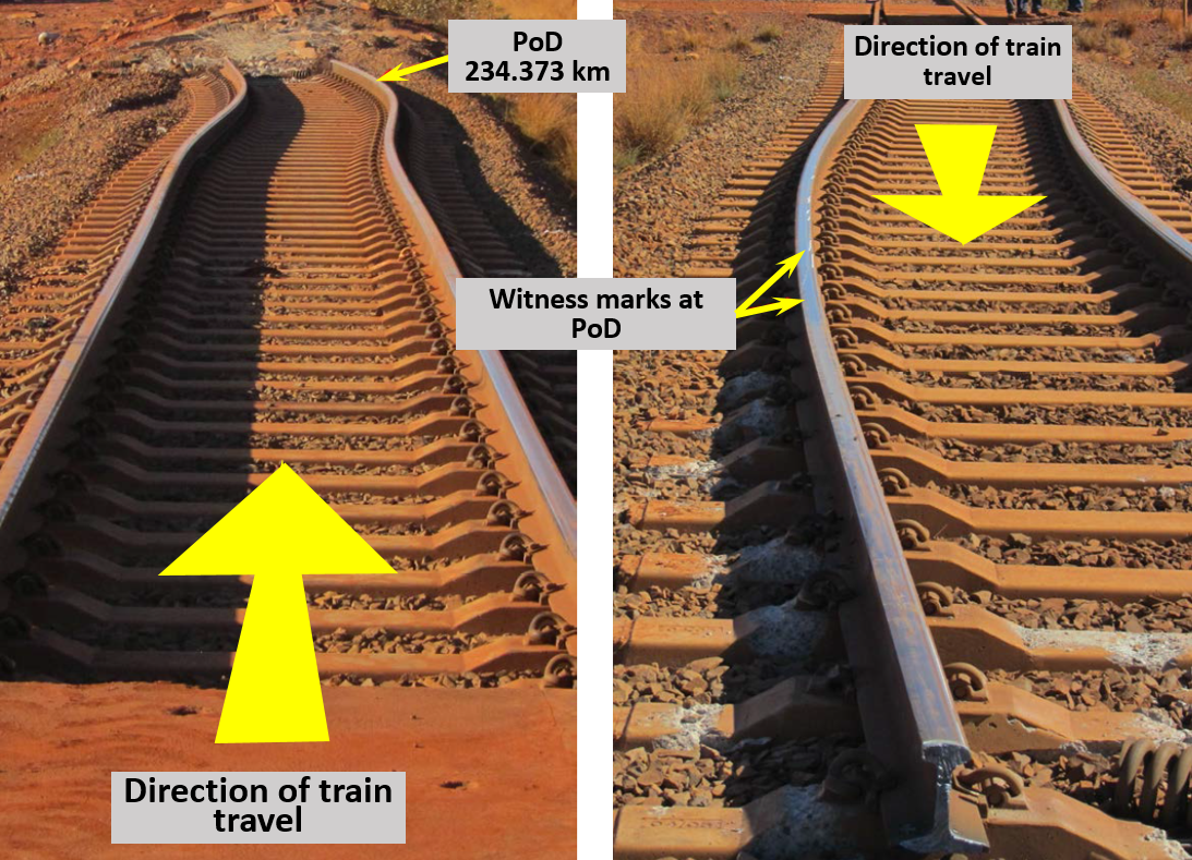 Figure 7: Witness marks at PoD (234.373 km) shown by line of arrows on railhead. Source: Rio Tinto, annotation by ATSB