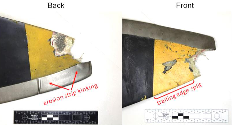 Figure 4: Left propeller blade damage showing tip separation, kinking, crack, and splitting of trailing edge. Source: ATSB