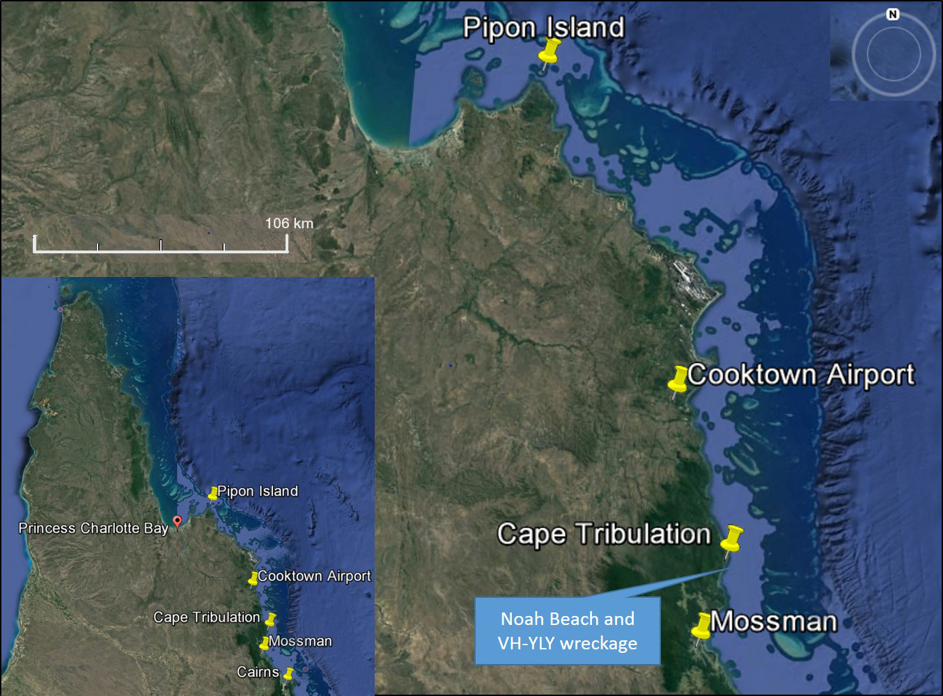 Figure 1: Location of Pipon Island with Cooktown and Mossman destinations showing position of VH-YLY accident site south of Cape Tribulation. The inset shows Cape Tribulation relative to far north Queensland.