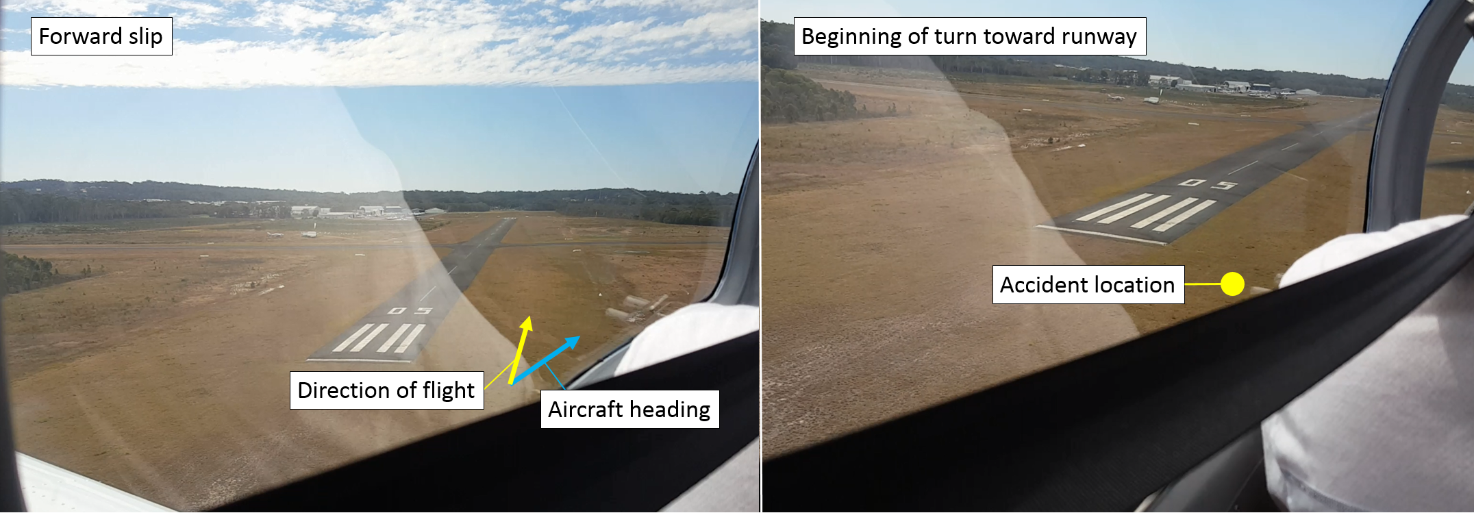 Figure 2: Images from video footage. The figure shows images of the aircraft during the approach prior to the accident. The aircraft is shown in a forward slip (left) and at the beginning of the turn toward the runway 05 threshold (right). Source: Passenger, annotated by ATSB