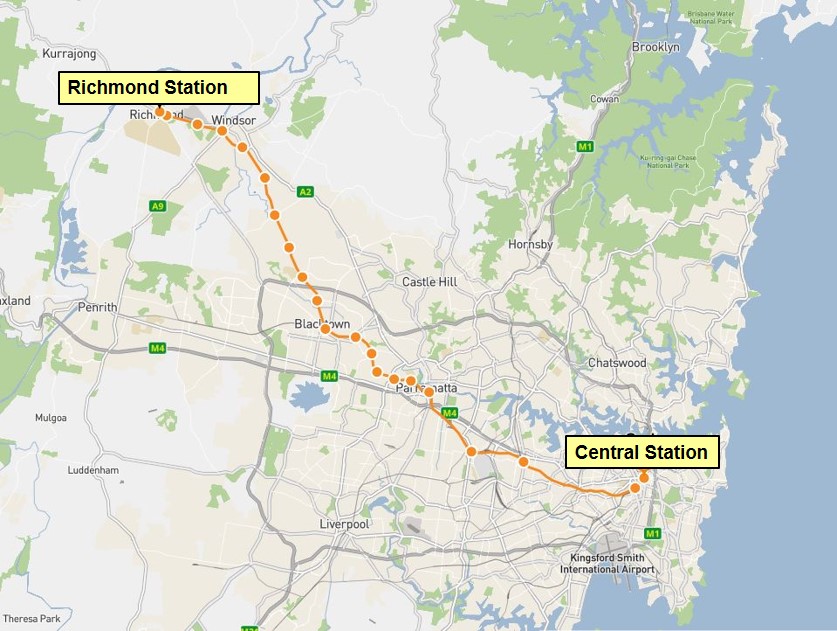 Figure 1: Train journey path from Central to Richmond Station. Source: Sydney Trains, modified by the ATSB