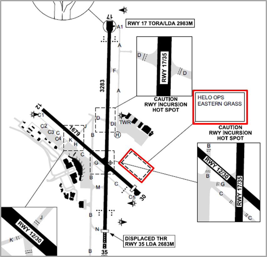 Figure 1: Diagram of Canberra Airport showing eastern grass helicopter operations. Source: Airservices Australia, annotated by the ATSB