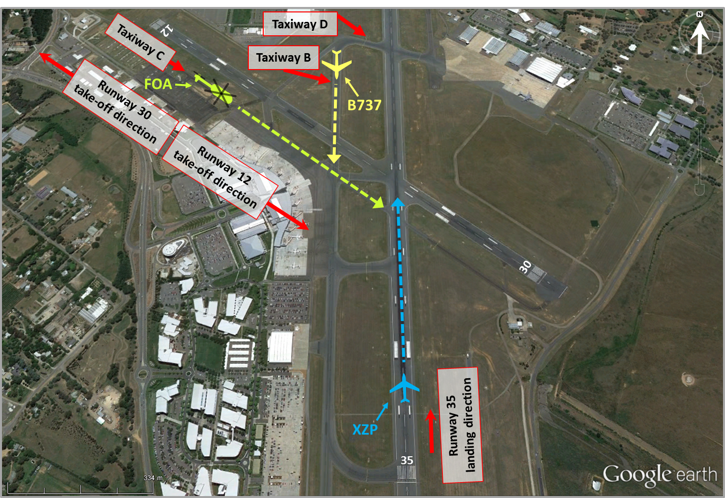 Figure 2: Canberra Airport and projected routes of the aircraft involved in the incident. Source: Google earth, annotated by the ATSB