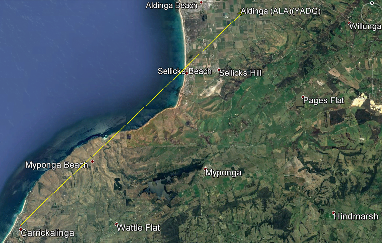 Figure 1: Distance from Carrickalinga SA to Aldinga Airport SA