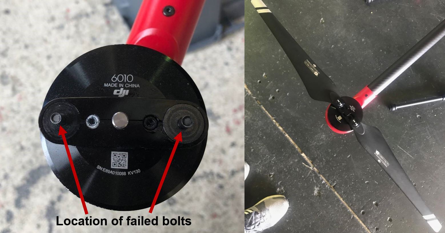 Failed bolts that secure the RPA propeller to motor (left) and example of an undamaged propeller and motor assembly (right)