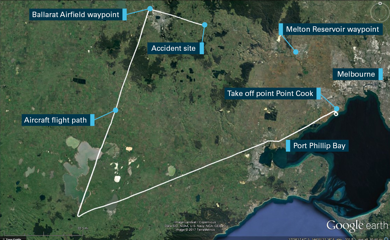 Figure 1: Map showing the aircraft’s flight path, take-off point and accident site. ZEW was between the Ballarat airfield to Melton Reservoir waypoints at the time of the accident. Source: Google Earth, modified by the ATSB