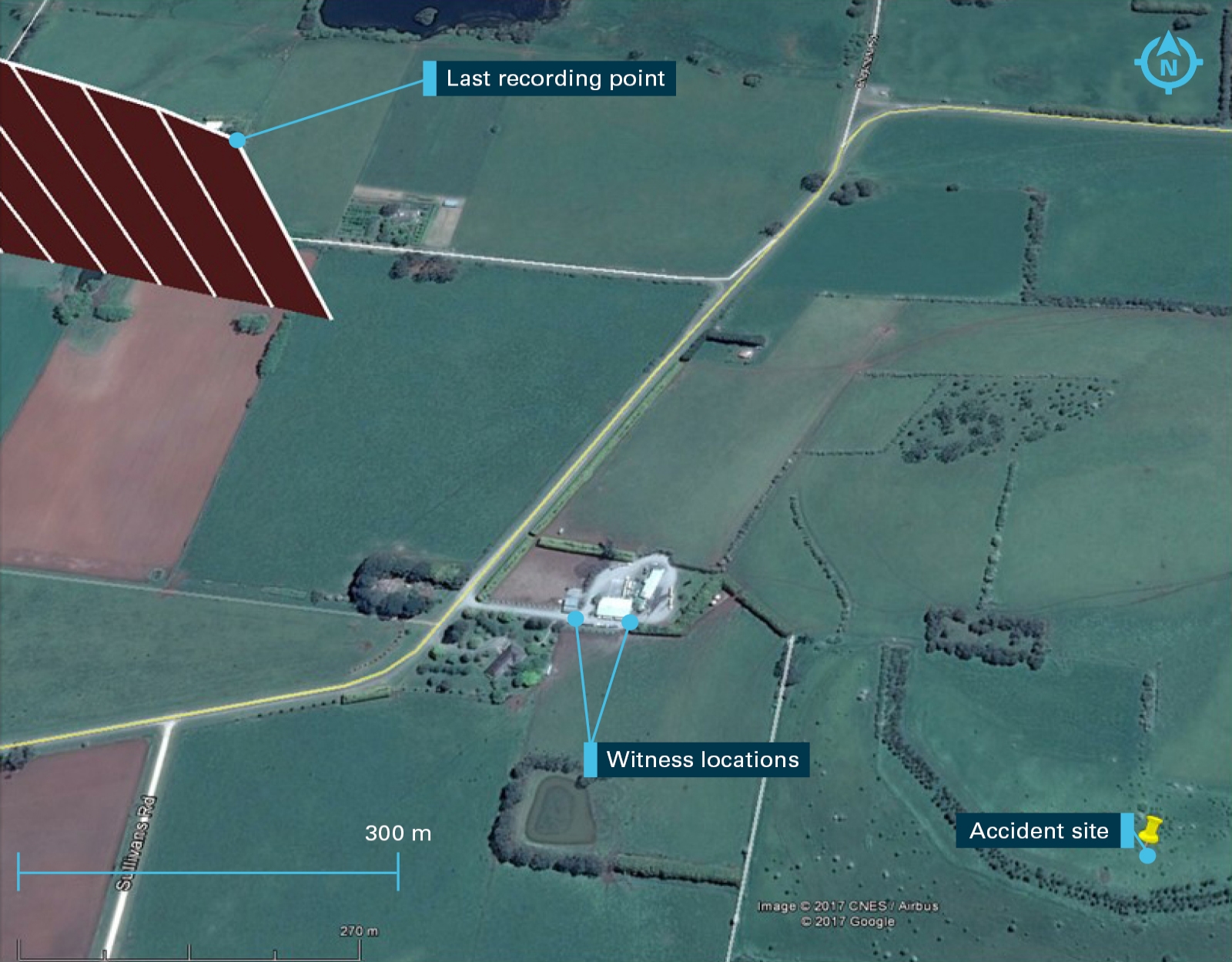 Figure 2: Last recorded aircraft position, witness locations, and accident site. The high terrain is an extinct volcano called Black Mount. Source: Google Earth, modified by the ATSB