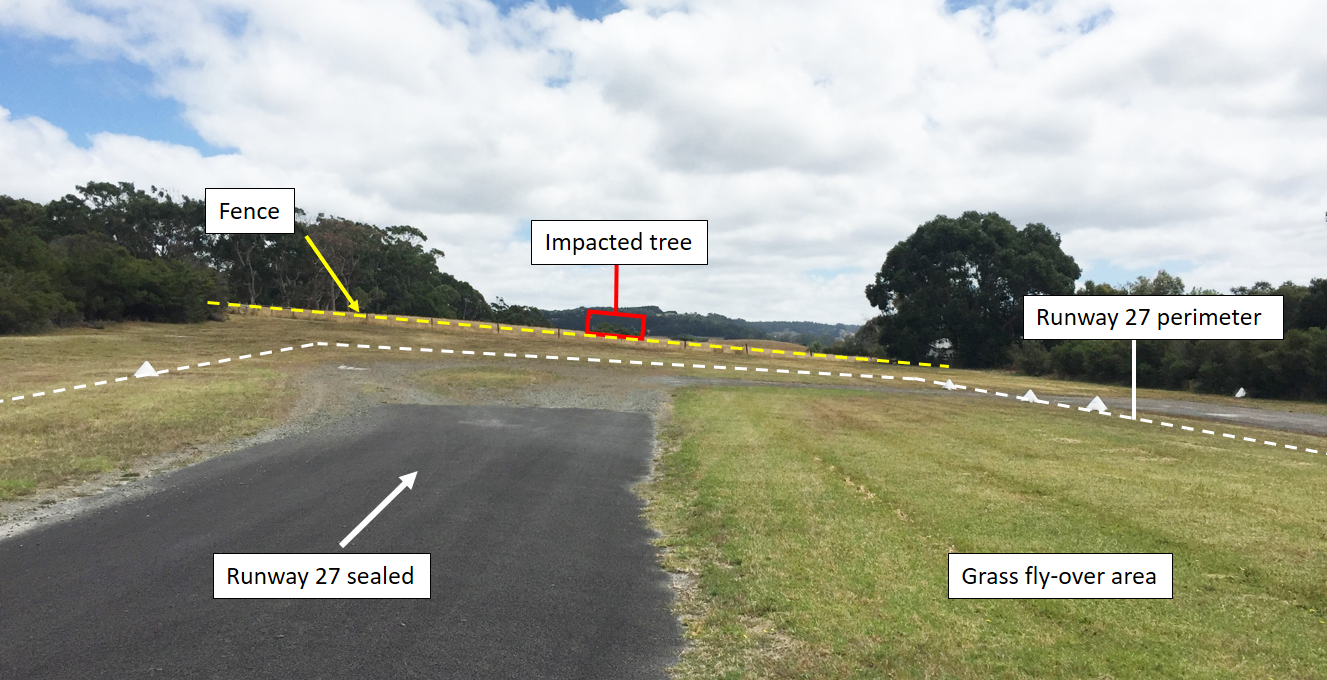 Figure 1: Western end of runway 27. The figure shows the western end of runway 27. The sealed runway and grass fly-over area along with the fence and impacted tree are annotated. Source: Operator, annotated by ATSB