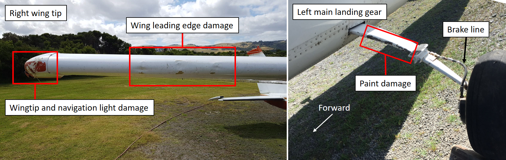 Figure 3: Damage to VH-WZX. The figure shows the damage to the right wing (left) and left main undercarriage (right). Source: Operator, annotated by ATSB