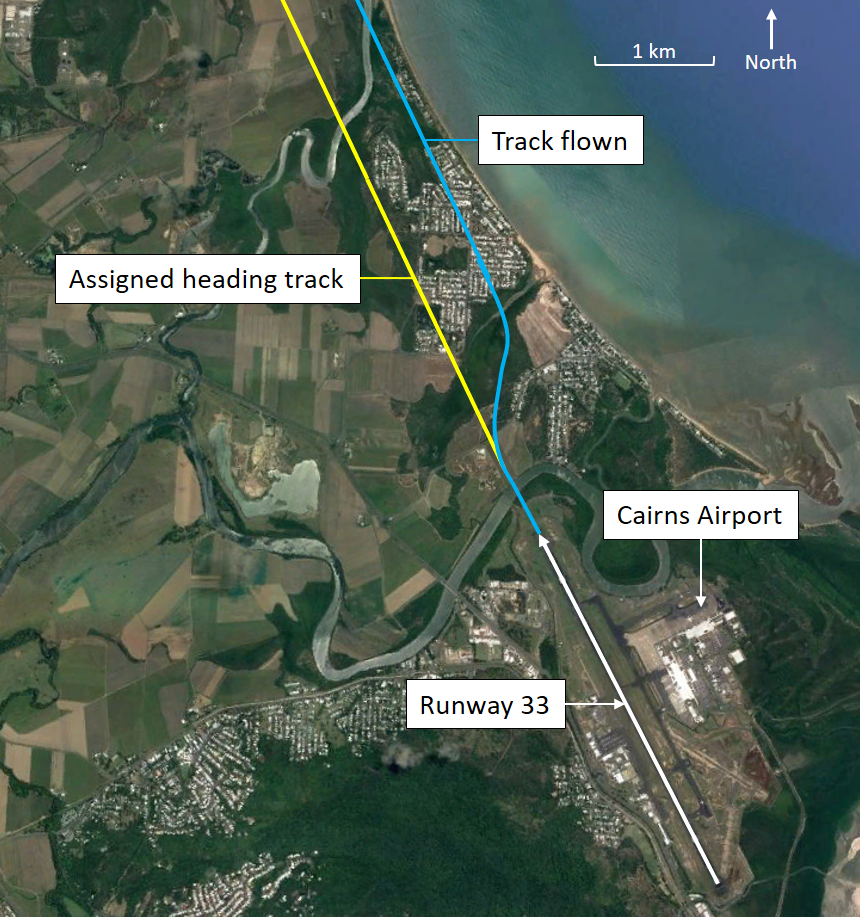 Figure 2: Overview of departure. An overview of the initial departure showing both the assigned flight path and actual flown flight path.<br />
Source: Google earth, annotated by ATSB