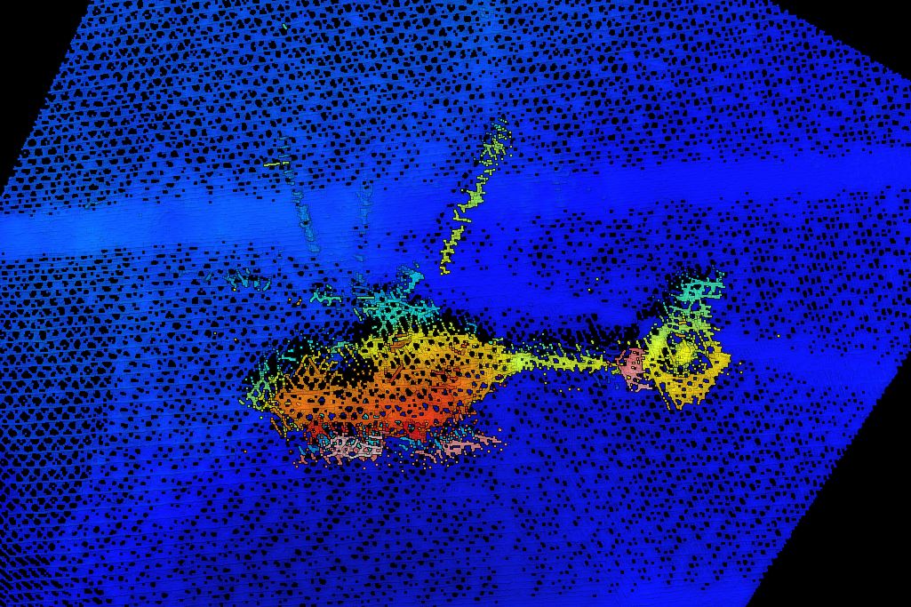 Figure 5: Sonar image of helicopter resting on the seabed, on its right side. Source: Pilbara Ports Authority and contractors working on their behalf.