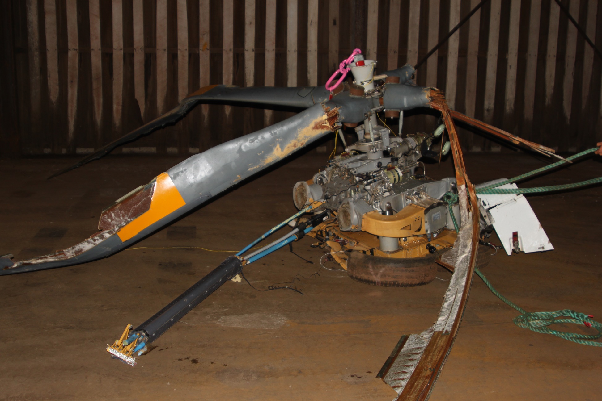 Figure 7: Main rotor blades and main transmission, showing damage in vicinity of the blade roots. Source: ATSB.