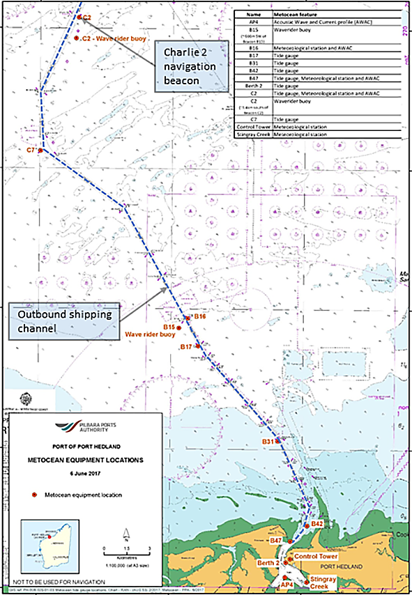 Figure 1: Map showing Port Hedland, the shipping channel and Charlie 2     Source: Pilbara Ports Authority, annotated/modified by ATSB.