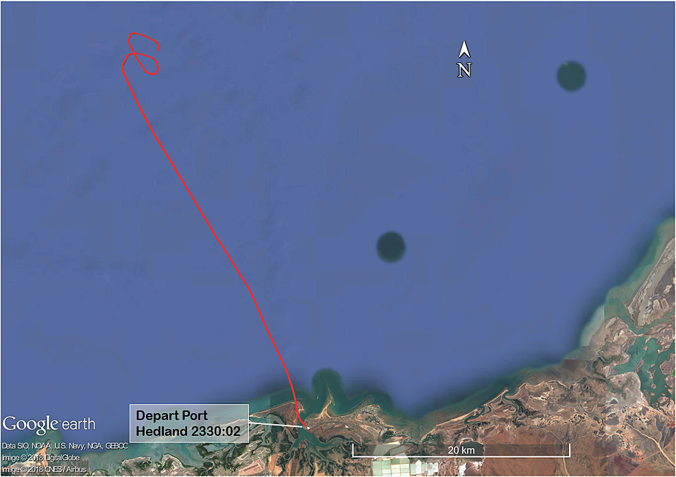 Figure 2: Ground track of the helicopter to collect the marine pilot. The helicopter was fitted with Automatic Dependent Surveillance Broadcast (ADSB equipment). That equipment enabled air traffic services and other pilots to track aircraft without using conventional ground-based radar installations. The signals transmitted by the ADSB equipment can also be received and recorded by other specialised ground-based receivers, such as those operated by flight tracking websites. Those receivers are situated at numerous locations around the world and feed data to centralised computer servers and accessed using internet browsers and other utilities. The image displays the server-recorded ADSB ground track for the helicopter as it travelled to collect the marine pilot. Source: Background image GoogleEarth, overlaid with FlightRadar24 ADSB track data, annotated by ATSB.