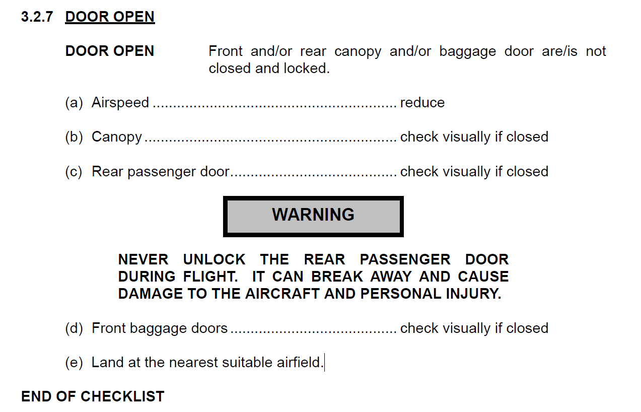 Figure 1: Diamond DA42 Emergency Procedure for an open door