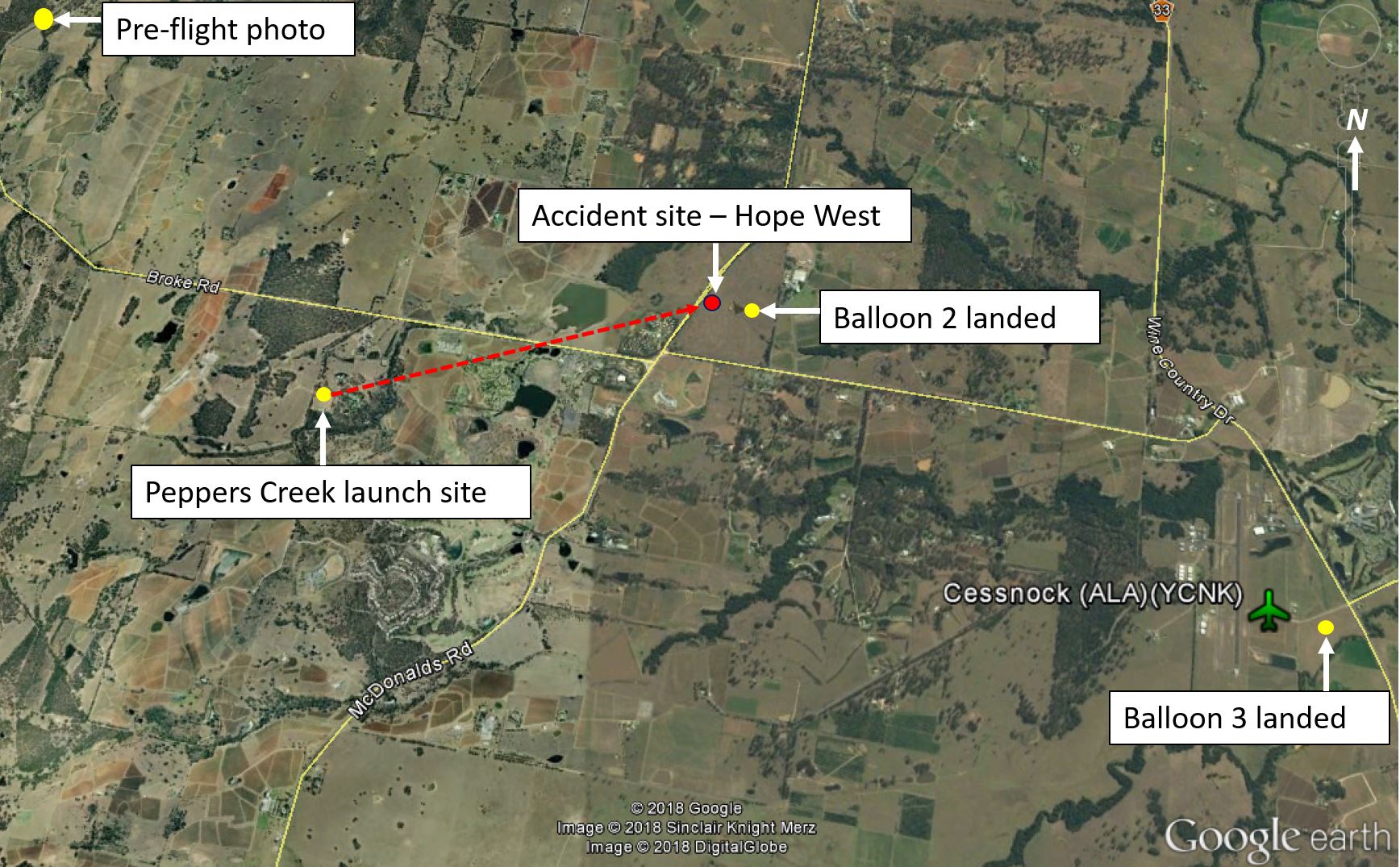 Figure 1: Map of the area showing launch and landing sites. Source: Google earth annotated by ATSB