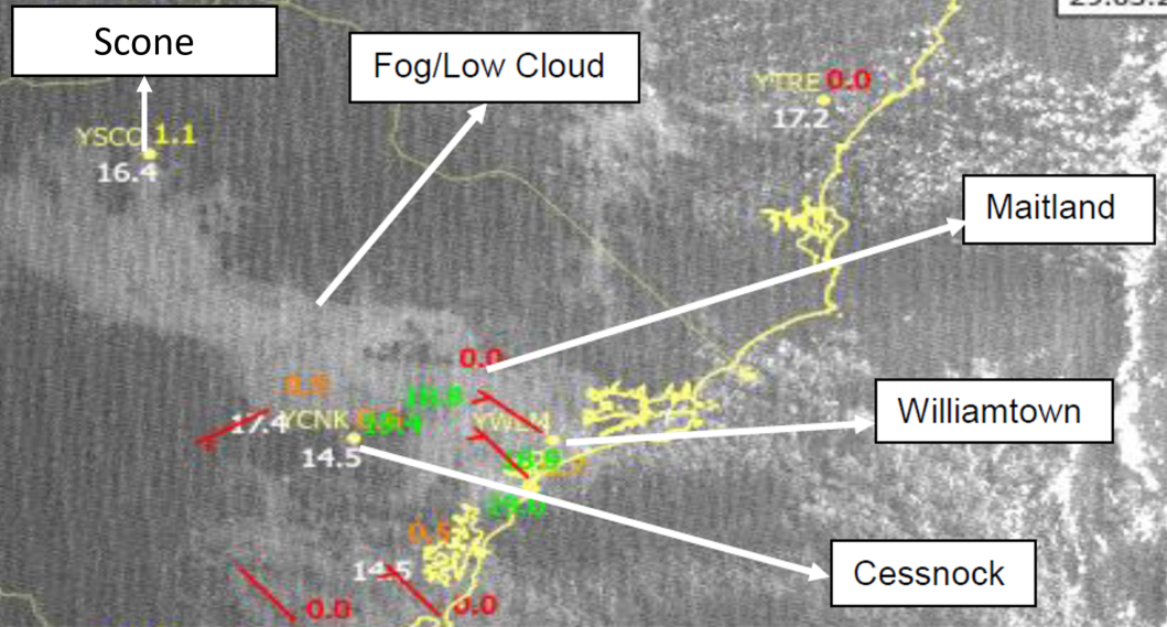 Figure 8: Satellite imagery showing a band of fog and low cloud at 0700. Source: Bureau of Meteorology