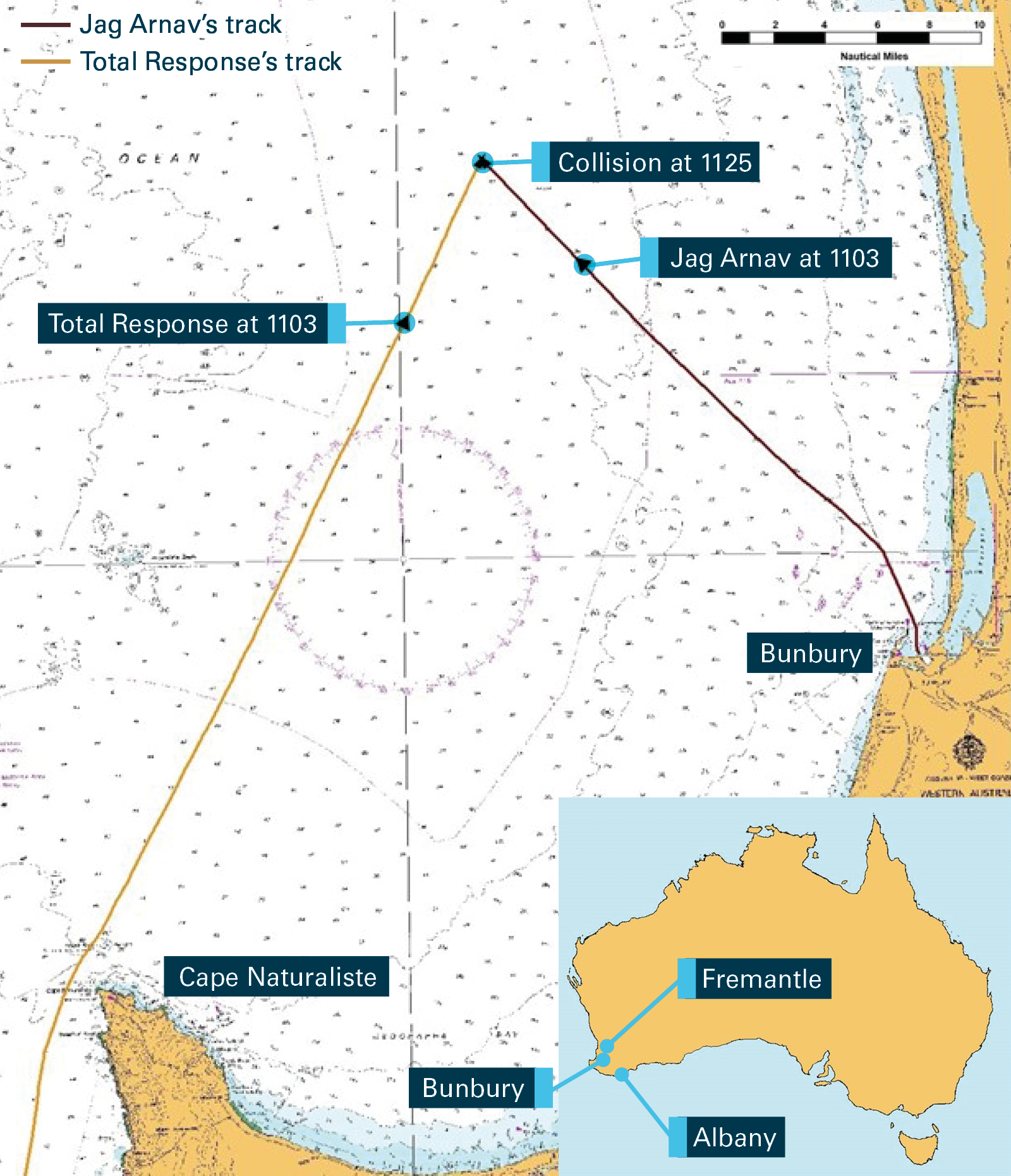 Figure 3: Section of navigational chart Aus 334 showing the tracks of both vessels. Source: Australian Hydrographic Service, annotated by the ATSB using electronically recorded data