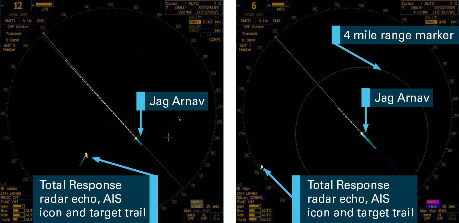 Figure 4: Images of Jag Arnav's s-band (L) and x-band (R) radars at 1103. The images show Jag Arnav’s s-band radar set on a 12 NM range scale and the x-band radar set on a 6 NM range scale.<br />
Source: Jag Arnav’s voyage data recorder (VDR), annotated by the ATSB