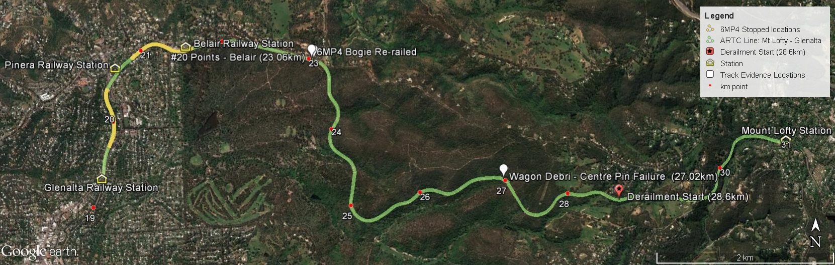 Figure 1: The ARTC track from Mount Lofty to Glenalta, including derailment information. Source: Google Earth annotated by ATSB