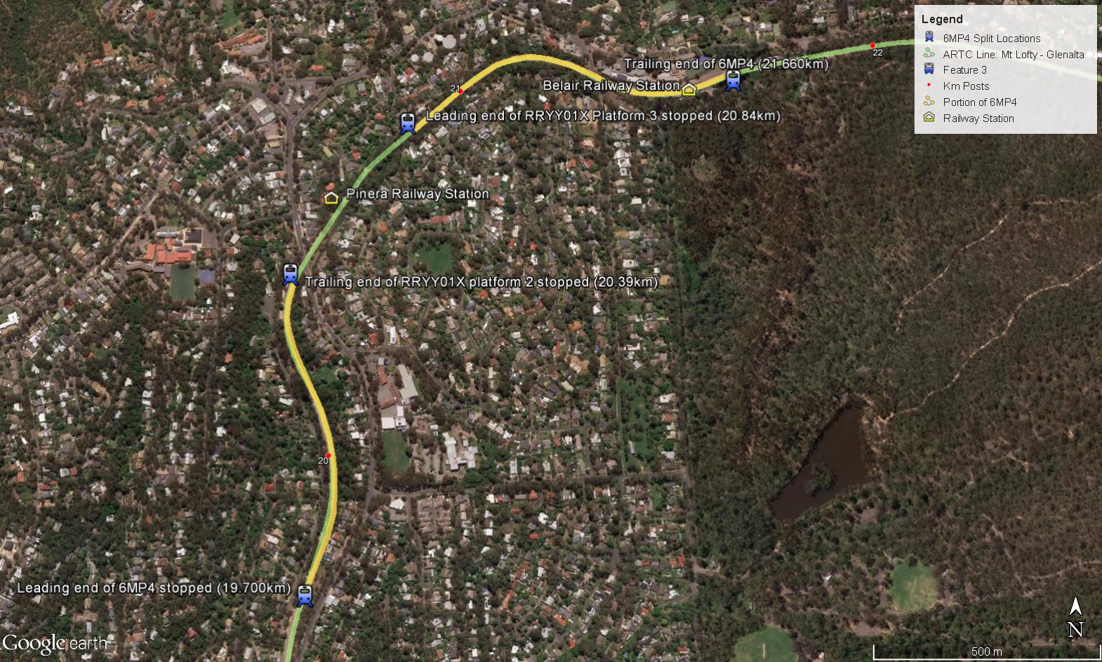 Figure 3: The stopped location of both portions of 6MP4 after the train parted. Source: Google