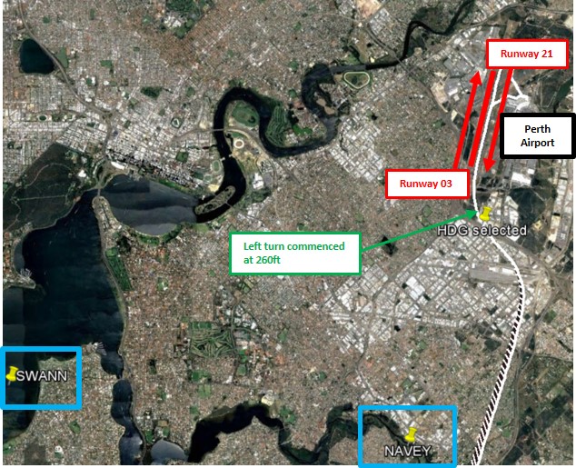 Figure 2: Flight path of PK-AZE (in white) showing the left turn (waypoints highlighted in blue). Source: Google earth and Air Asia Indonesia, modified by the ATSB