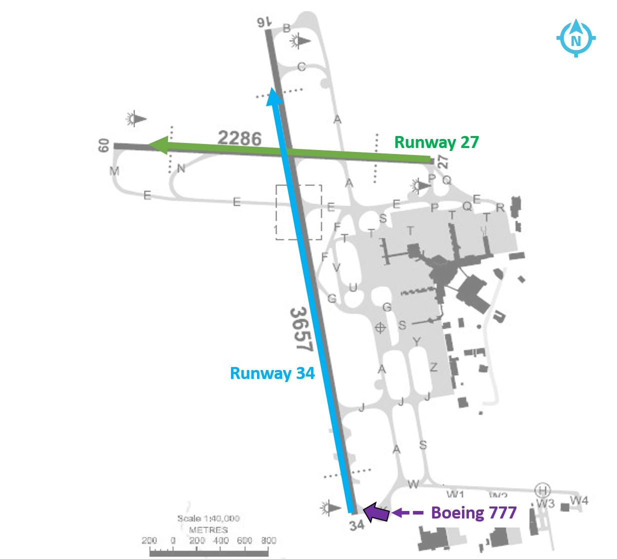 Figure 1: Melbourne Airport diagram with runways 27 and 34 indicated (green and blue respectively) and the location where the B777 entered runway 34 indicated by a purple arrow. Source: Airservices Australia, modified by the ATSB