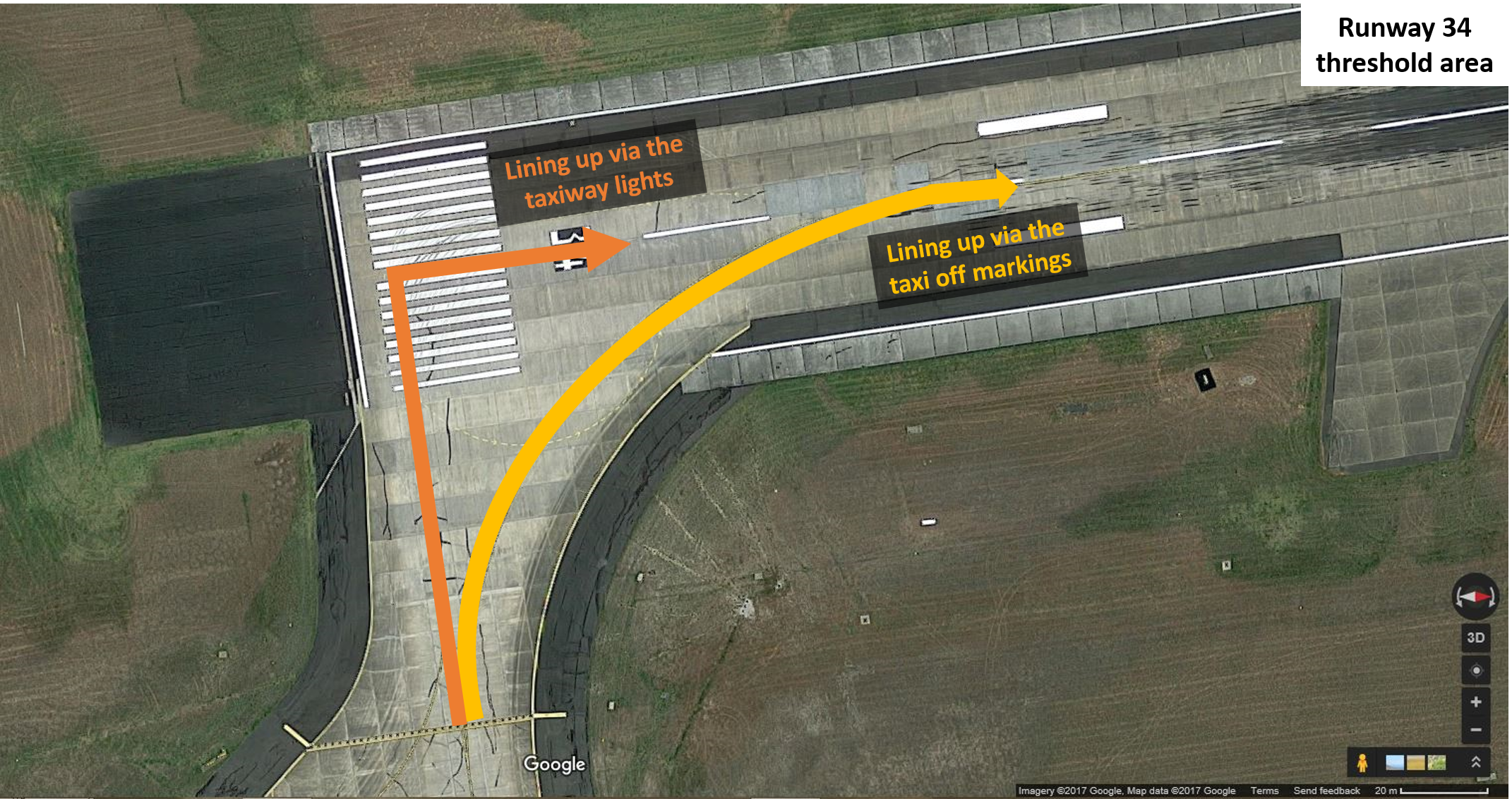 Figure 4: Threshold of runway 34 at Melbourne Airport, showing the curved line-up track in yellow, and the track in orange that follows the taxiway lighting. Source: Google Maps, modified by the ATSB