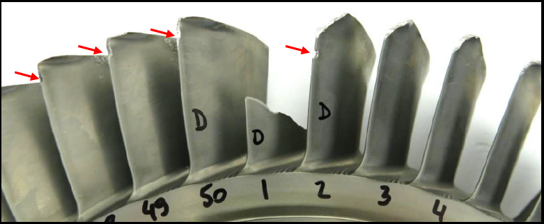 Figure 2: Boost rotor showing missing aerofoil and surrounding damage. Source: Pratt & Whitney Canada