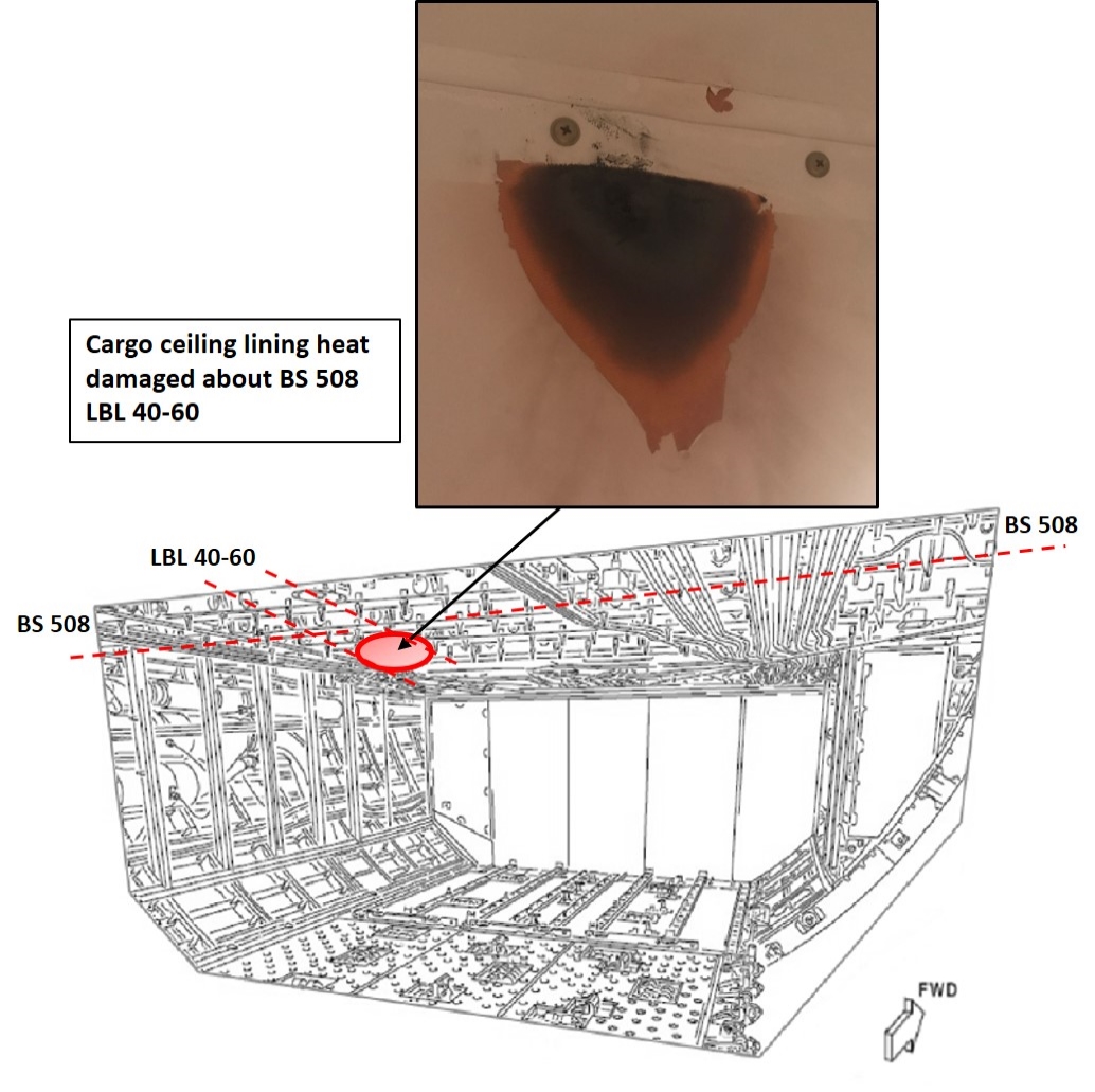 Figure 1: Illustration showing aircraft structure in the forward cargo hold in relation to heat damage from electrical arcing about BS 508. Source: The Boeing Company, modified by the ATSB