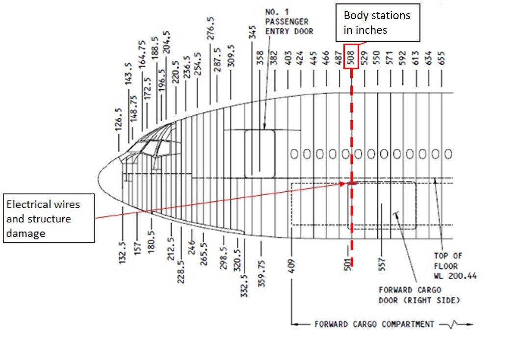 Figure 3: Boeing 777 aircraft showing the approximate location of the heat damaged ceiling panel, soot and heat damaged wiring loom. Source: The Boeing Company, modified by the ATSB