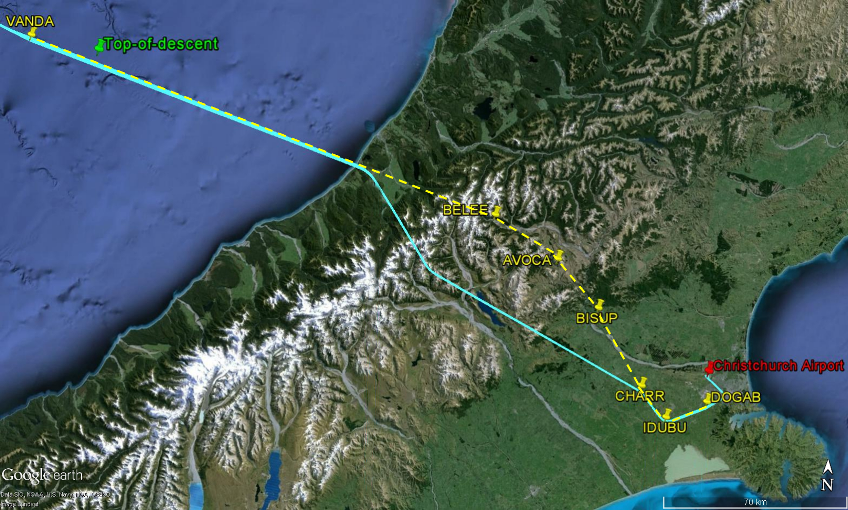 Figure 1: VH-VOP actual flight path (in blue) and BELEE 1 Charlie arrival route (yellow). Source: Google earth and operator, annotated by the ATSB