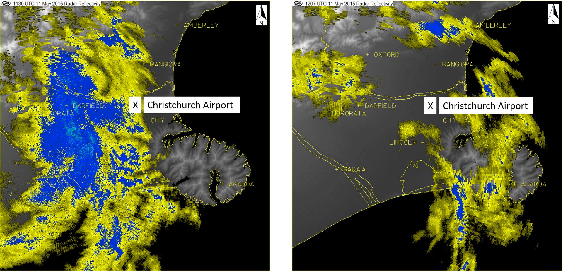 Figure 3: Weather radar showing rain passing overhead Christchurch Airport. Image shows light (yellow) to moderate (blue) rain passing overhead Christchurch Airport between 1130 (left) and 1207 (right); VOP touchdown was at 1214. Source: MetService, annotated by the ATSB