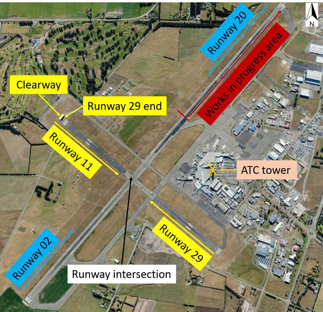 Figure 7: Christchurch Airport showing the runway directions and works in progress. Source: Google earth, annotated by the ATSB