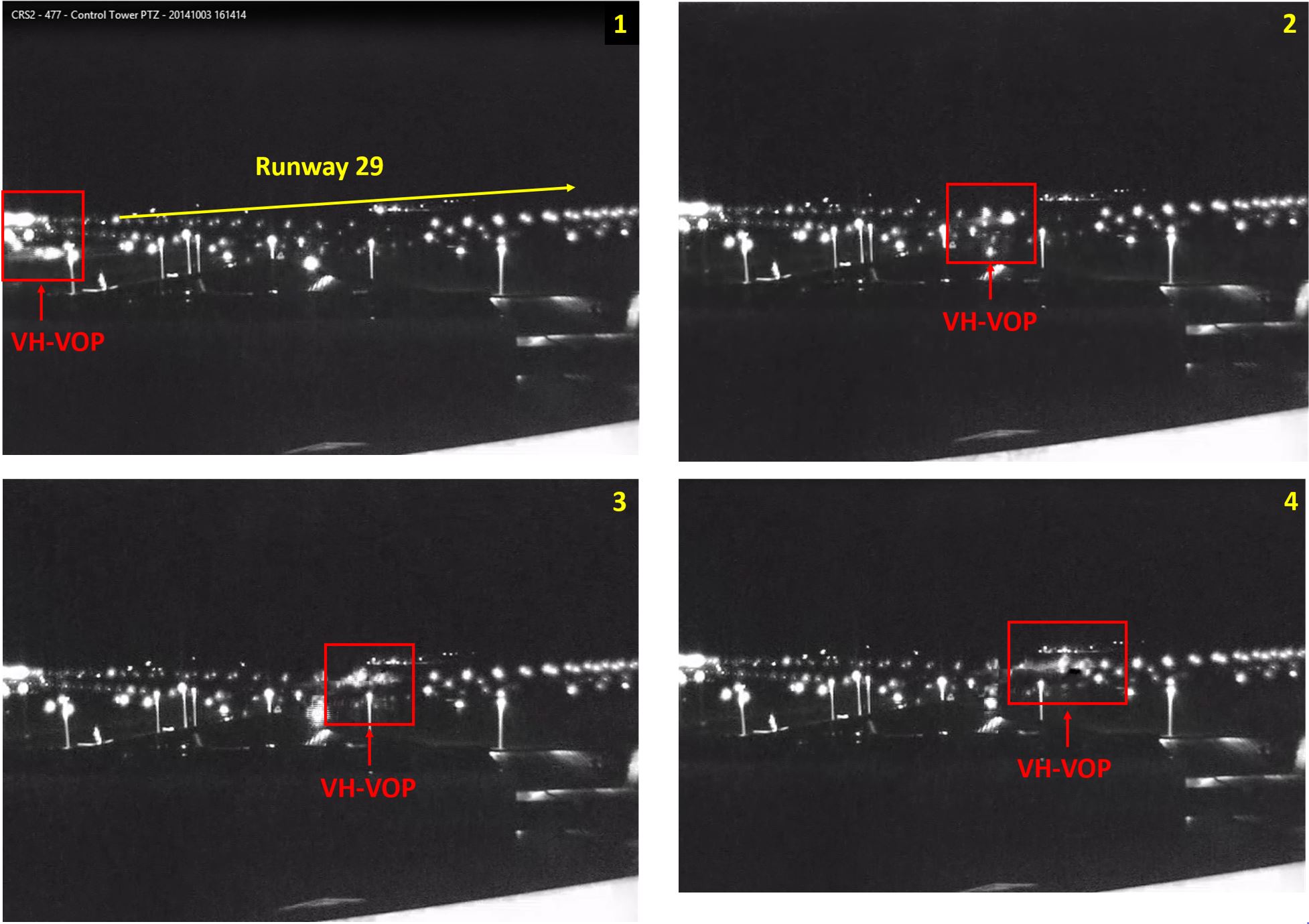 Figure 8: Screenshots of footage showing VH-VOP landing on runway 29. Images show the spray of water first visible in frame 3 and then more apparent in frame 4. Source: Christchurch International Airport Limited, annotated by the ATSB